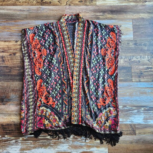 Hemant & Nandita Silk Embroidered Coin Fringe Boho Kimono Cover-Up Multicolor - Picture 2 of 15